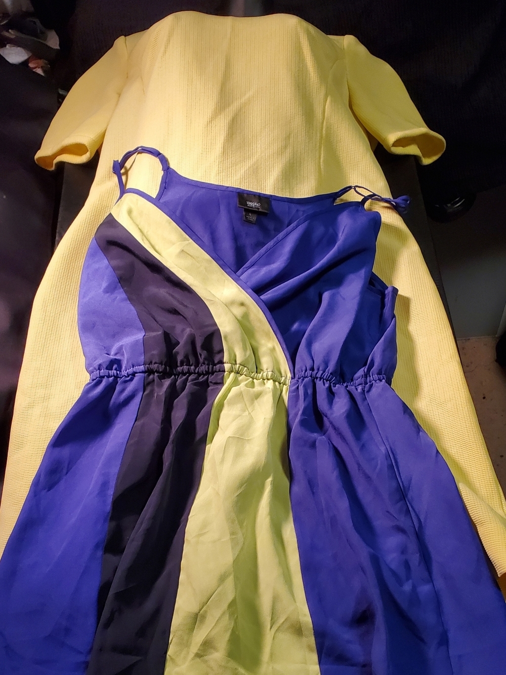 Wayssiuo Blue/green Size L Strap Dress/no Brand Yellow Size? Short Slevee Dress